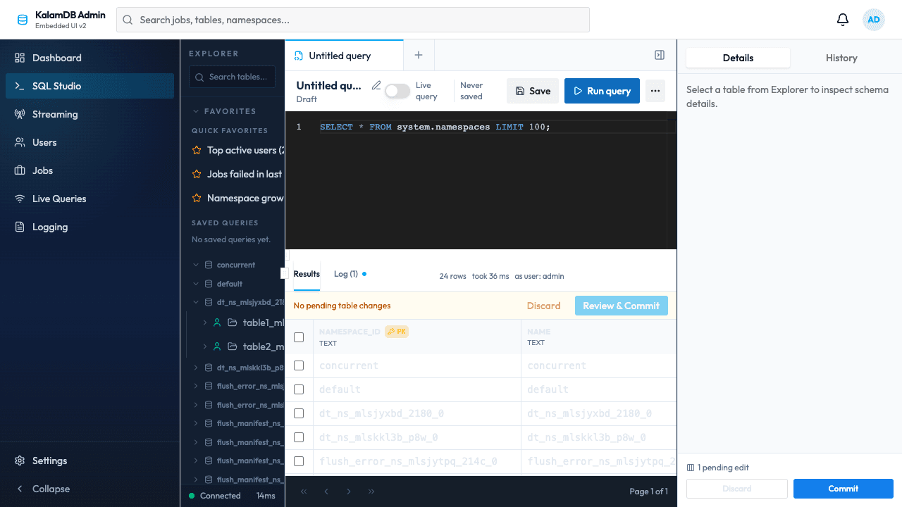 SQL Studio query results