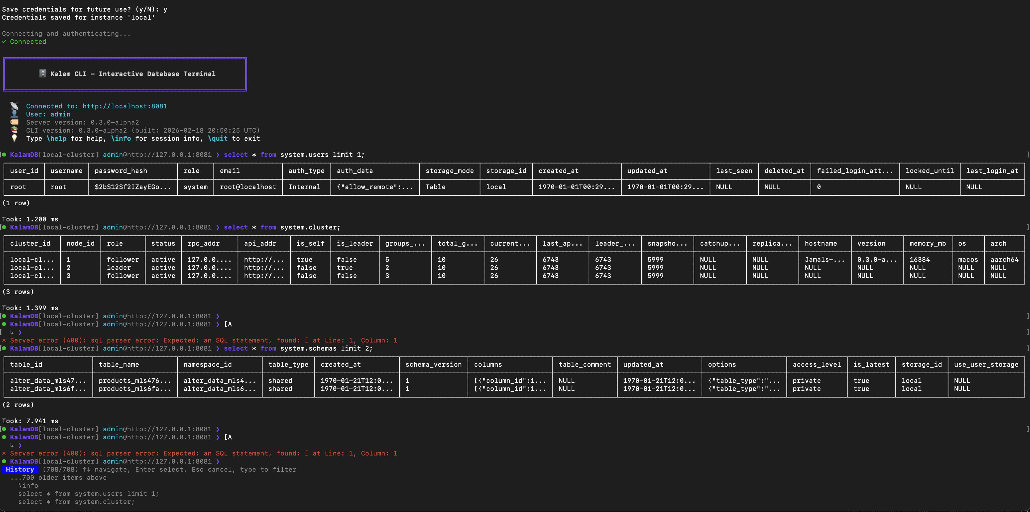 KalamDB CLI interactive terminal showing cluster and schema queries
